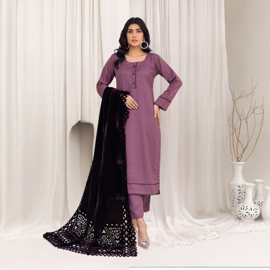 (Dull Purple) 3 Pc Dhanak Dress with Laser Velvet Shawl | Winter Collection | Rangz | UMRGZ3504