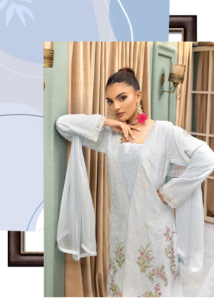 (Light Grey ) Embroidered Linen with Chiffon Duppatta - Simrans