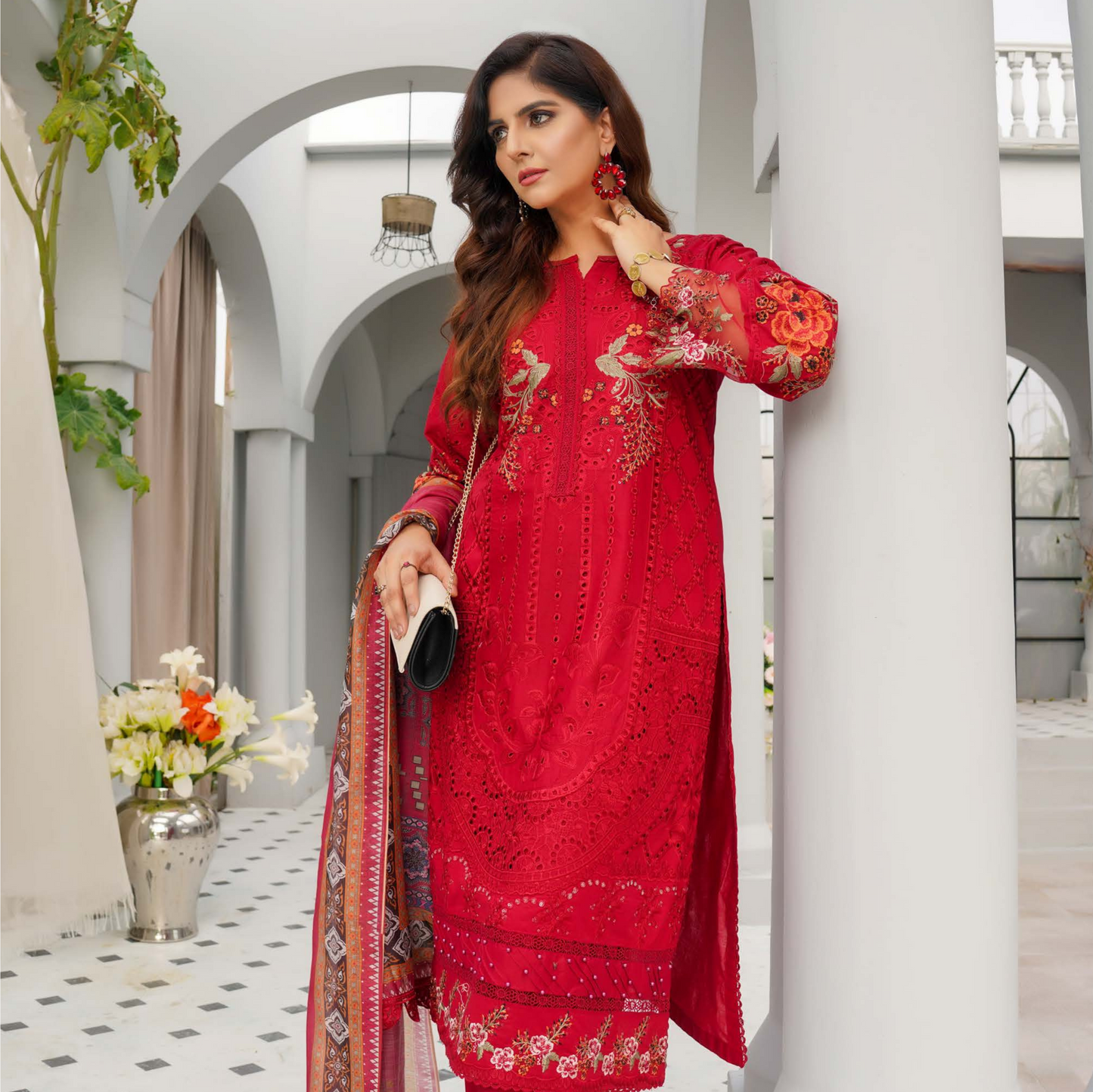 (Red) Heavy Embroidered Cotton Linen Ready to Wear Dress - MUNIRA