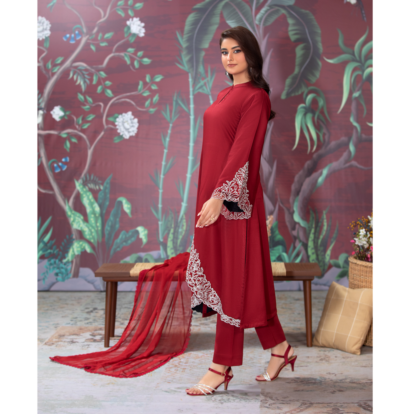 (Red) 3 Pc Embroidered Dhanak  Pakistani Dress With Chiffon Dupatta  | Winter Wear | Heera's