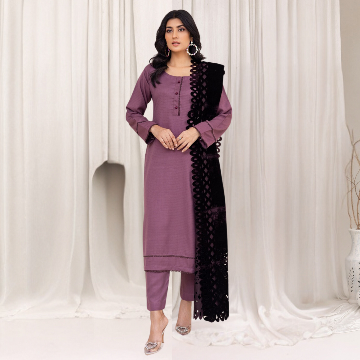 (Dull Purple) 3 Pc Dhanak Dress with Laser Velvet Shawl | Winter Collection | Rangz | UMRGZ3504