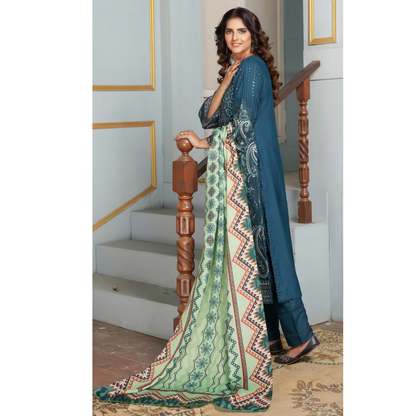 (TEAL BLUE) Heavy Embroidered Dhanak Ready to Wear Dress - MUNIRA