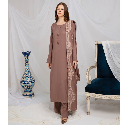 (dark chestnut ) 3 Pc Dhanak Shirt & trouser with Dhanak Shawl | Winter Collection | SIMRANS