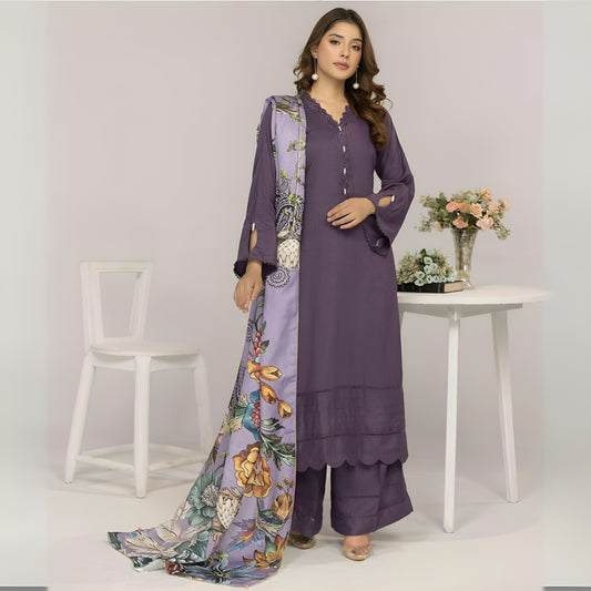 (Dull purple) 3 Pc Linen Shirt & Plazo with Maria Wool Shawl | Winter Collection | SIMRANS