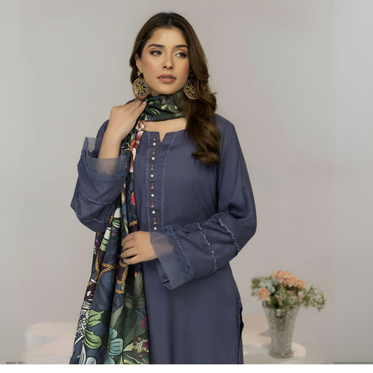 (Comet) 3 Pc Linen Shirt & Plazo with Maria Wool Shawl | Winter Collection | SIMRANS