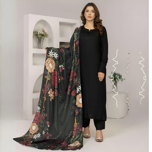 (Black) 3 Pc Linen Shirt & Trouser with Maria Wool Shawl | Winter Collection | SIMRANS