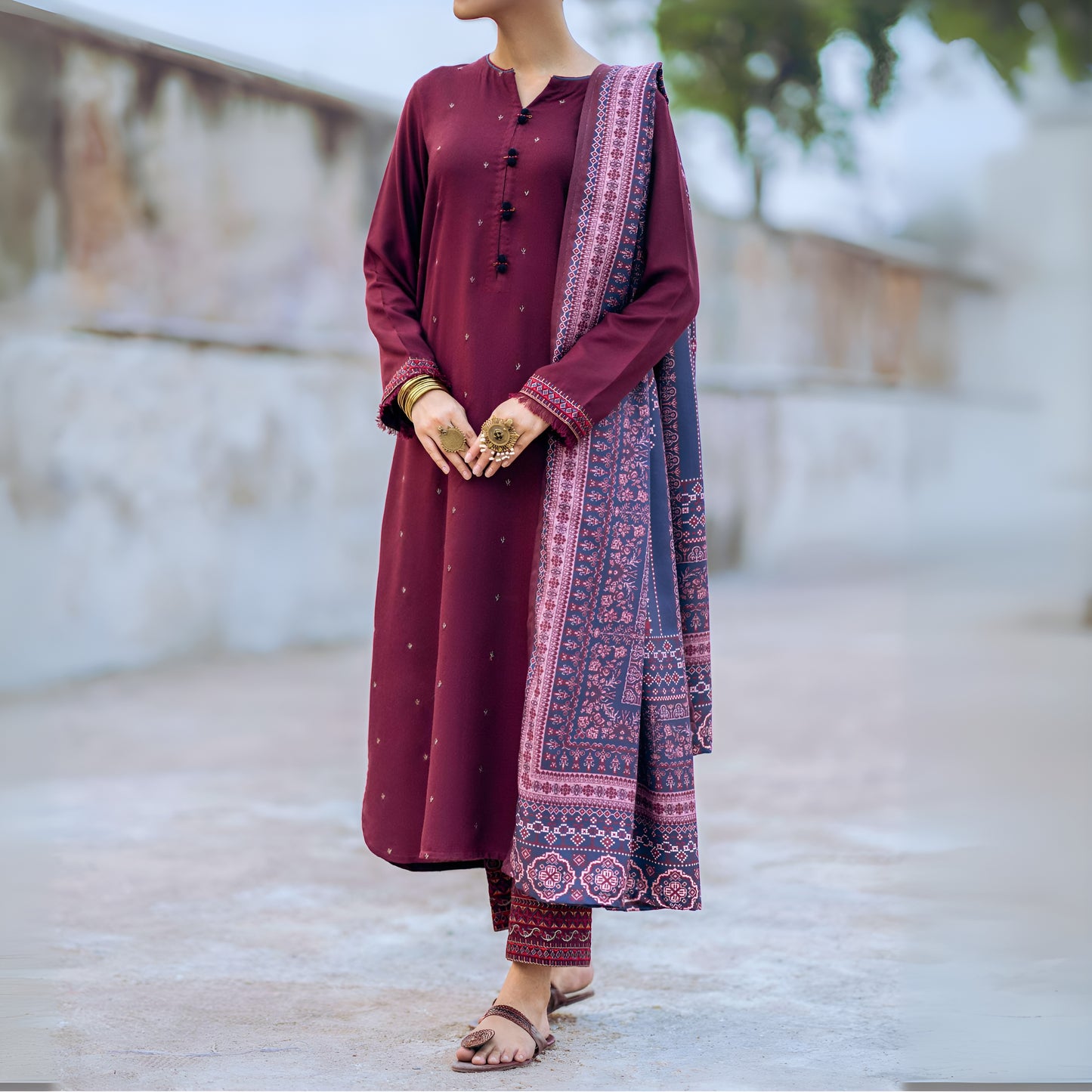 (Wine) 3 Piece Embroidered Dhanak Ready to Wear Collection by Casuallite | UMCAE0602