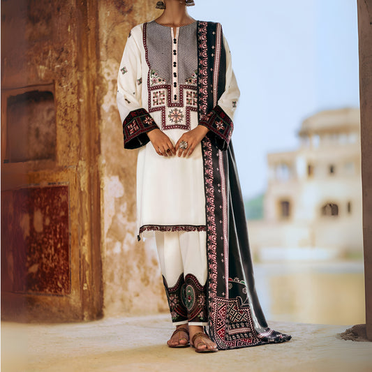 (Off White) 3 Piece Embroidered Dhanak Ready to Wear Collection by Casuallite | UMCAE0603