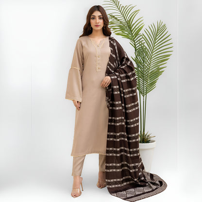 (Beige) 3 Pc Dhanak Dress with Kashmiri Wool Shawl | Winter Collection | Rangz | UMRGZ3404