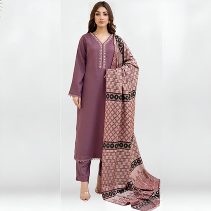 (Dull Purple) 3 Pc Dhanak Dress with Kashmiri Wool Shawl | Winter Collection | Rangz | UMRGZ3406