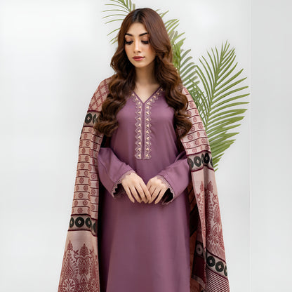 (Dull Purple) 3 Pc Dhanak Dress with Kashmiri Wool Shawl | Winter Collection | Rangz | UMRGZ3406