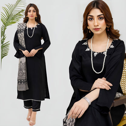 (Black) 3 Pc Dhanak Dress with Kashmiri Wool Shawl | Winter Collection | Rangz | UMRGZ3401