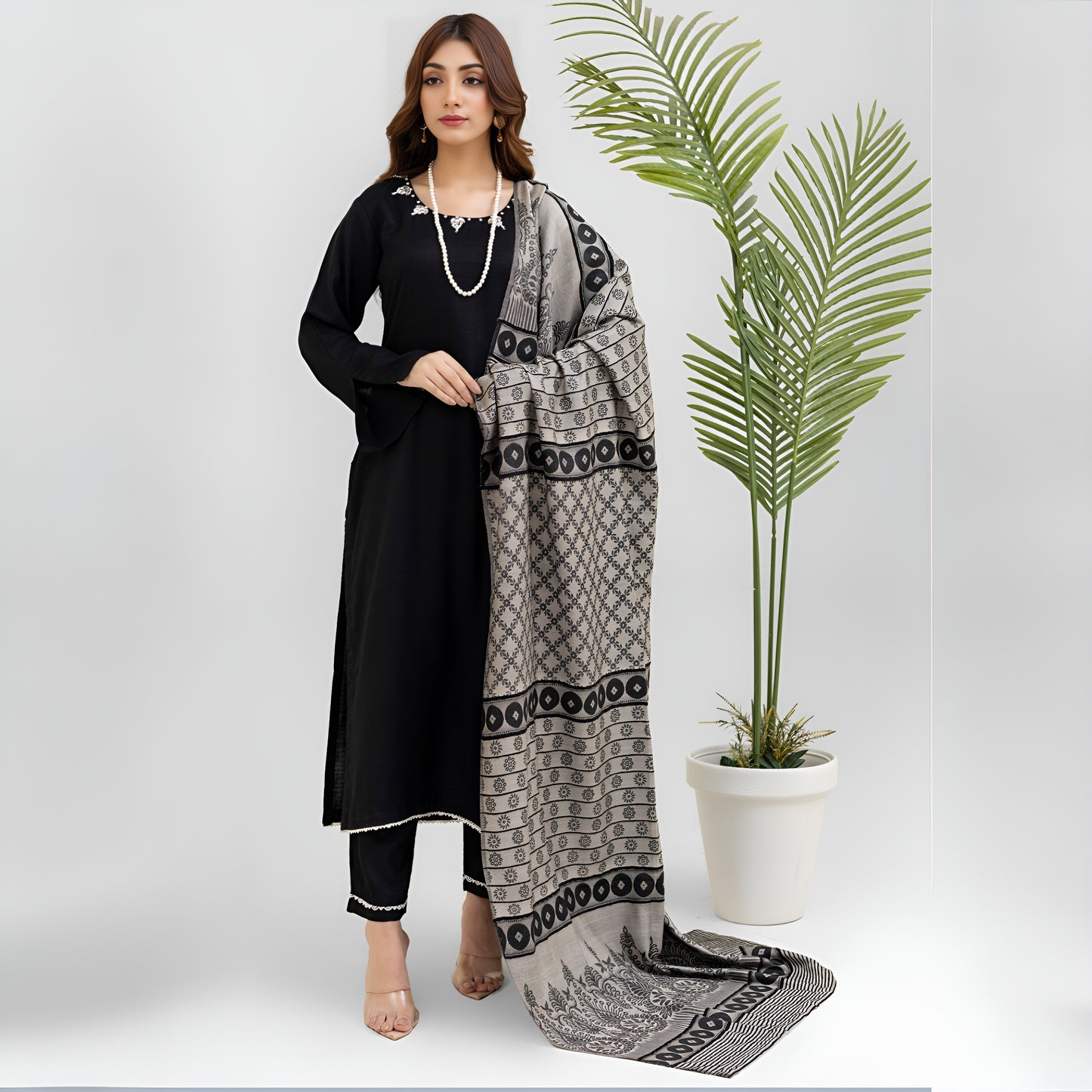 (Black) 3 Pc Dhanak Dress with Kashmiri Wool Shawl | Winter Collection | Rangz | UMRGZ3401