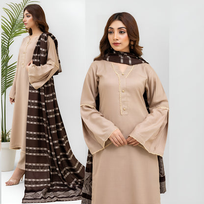 (Beige) 3 Pc Dhanak Dress with Kashmiri Wool Shawl | Winter Collection | Rangz | UMRGZ3404