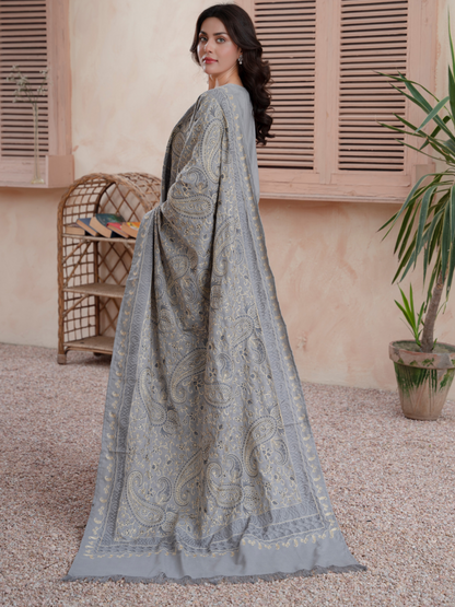 (Grey) 3 Pc Dhanak Dress with Embroidered Wool Shawl Dupatta | Winter Wear | RANIYA.H