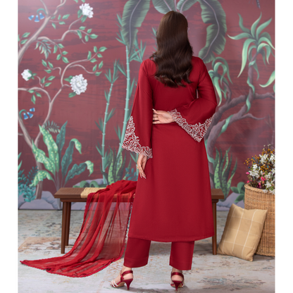 (Red) 3 Pc Embroidered Dhanak  Pakistani Dress With Chiffon Dupatta  | Winter Wear | Heera's