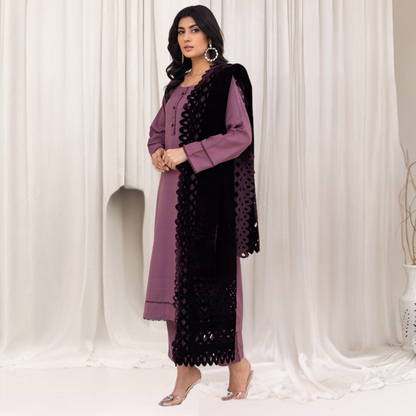 (Dull Purple) 3 Pc Dhanak Dress with Laser Velvet Shawl | Winter Collection | Rangz | UMRGZ3504