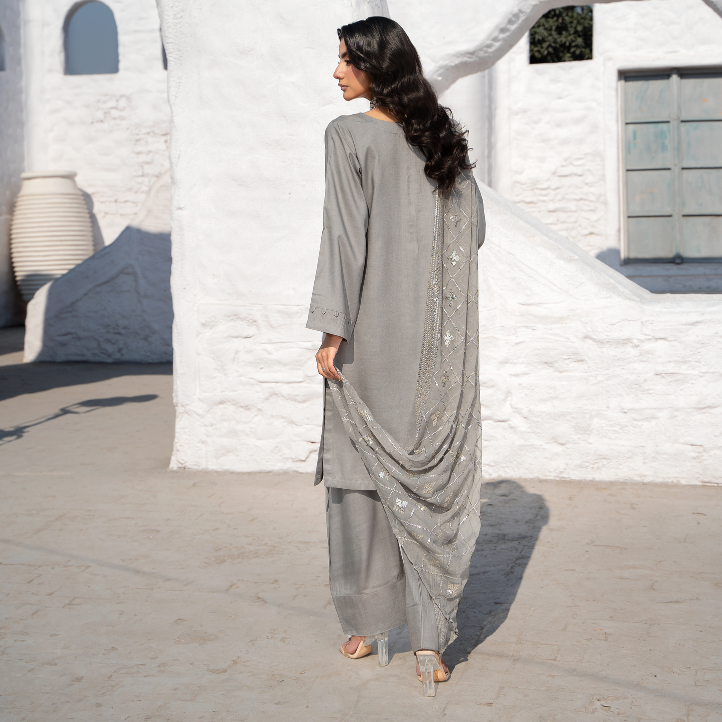 3 Pc Solid Slub Linen Dress with Embroidered Chiffon Dupatta| Winter Collection | Raniya.h | RA-13