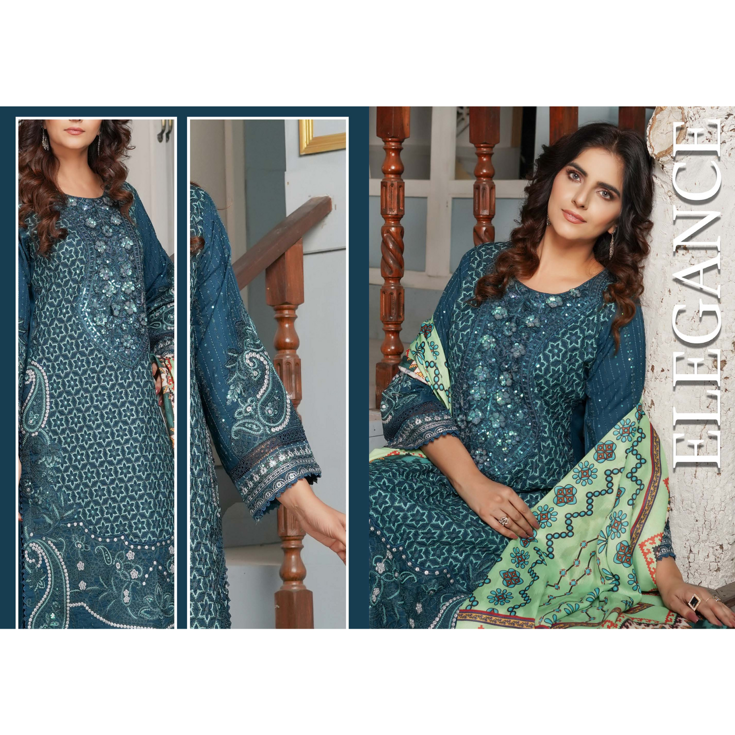 (TEAL BLUE) Heavy Embroidered Dhanak Ready to Wear Dress - MUNIRA