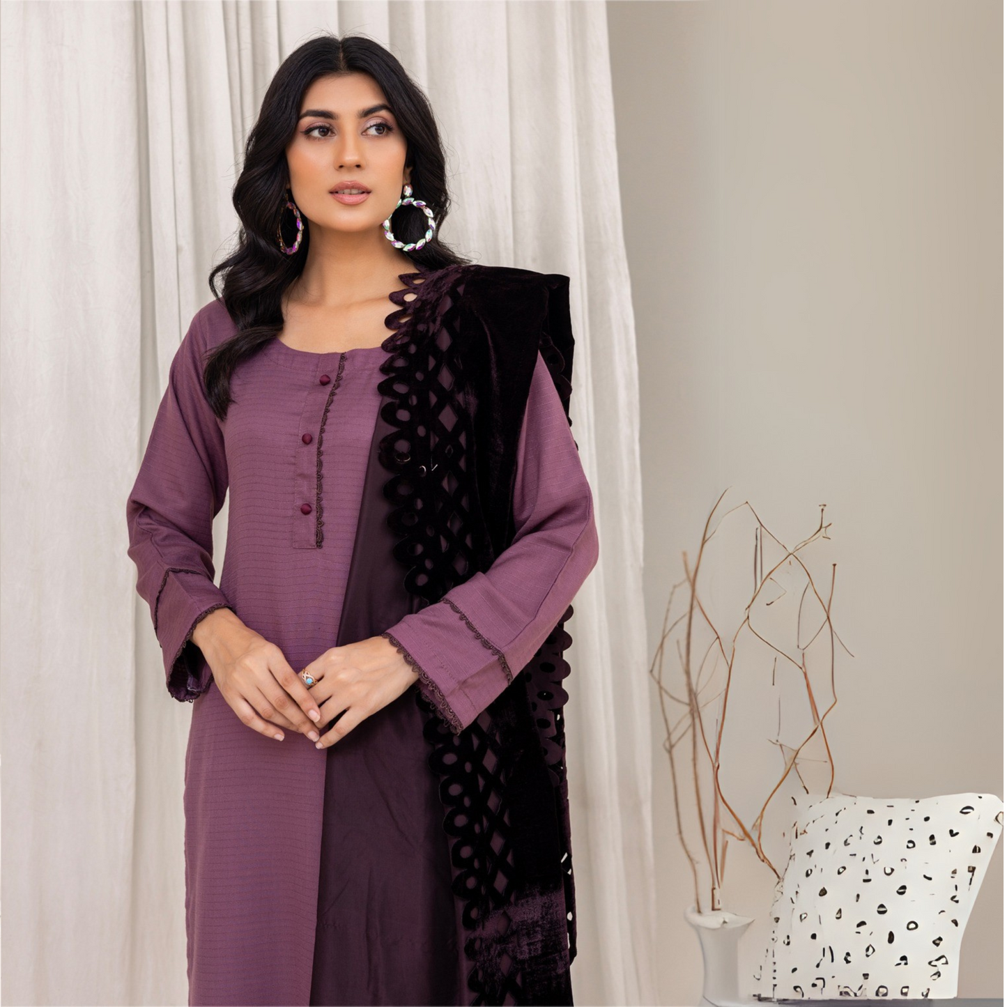 (Dull Purple) 3 Pc Dhanak Dress with Laser Velvet Shawl | Winter Collection | Rangz | UMRGZ3504