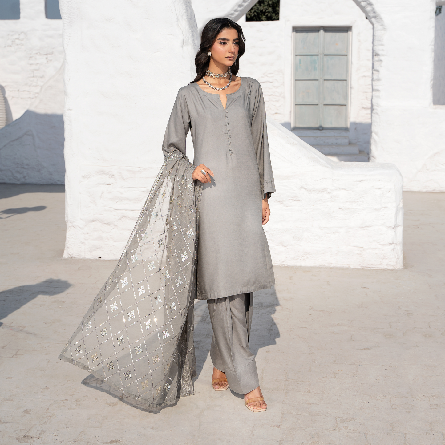 3 Pc Solid Slub Linen Dress with Embroidered Chiffon Dupatta| Winter Collection | Raniya.h | RA-13