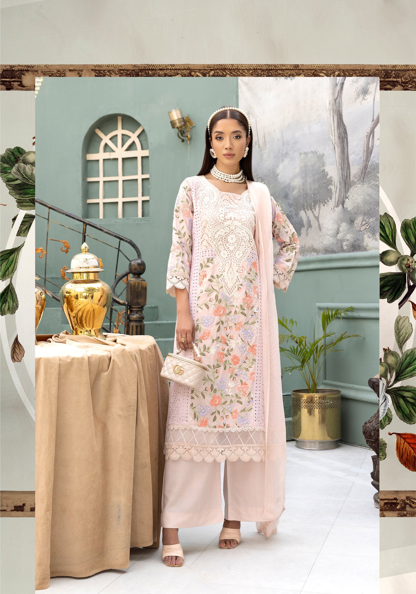 (Pale Peach ) Embroidered Linen with Chiffon Duppatta - Simrans