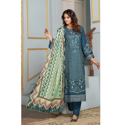 (TEAL BLUE) Heavy Embroidered Dhanak Ready to Wear Dress - MUNIRA