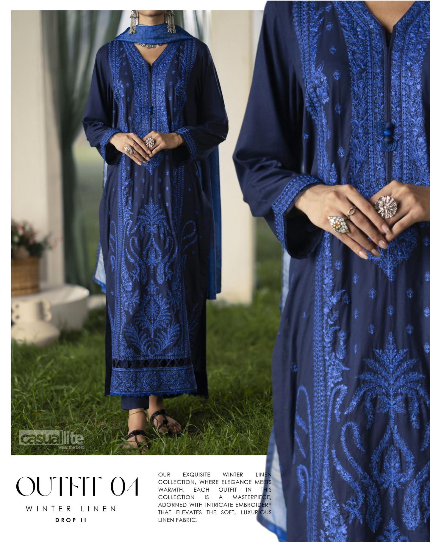 (Dark Blue) Embroidered Linen 3 Pc Ready to Wear by Casuallite