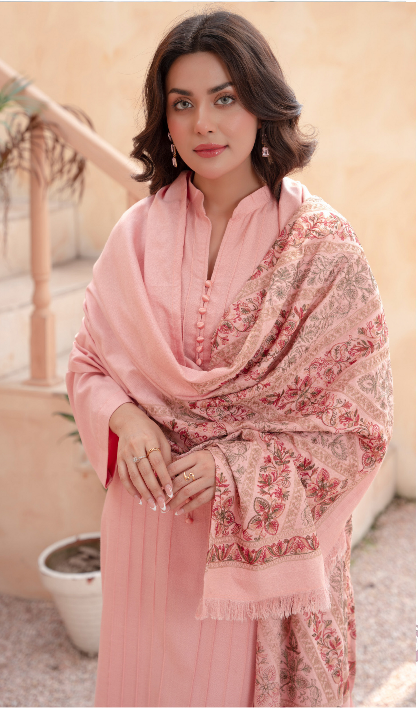 (Pink) 3 Pc Dhanak Dress with Embroidered Wool Shawl Dupatta | Winter Wear | RANIYA.H