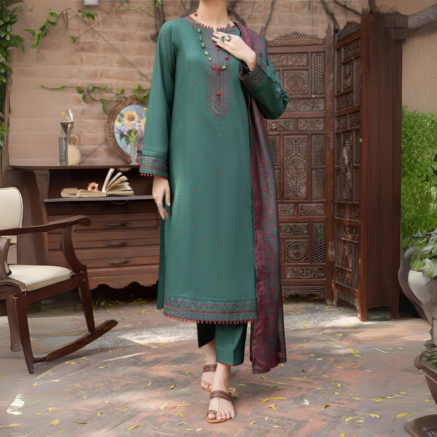 (Green Teal) Embroidered Linen 3 Pc Ready to Wear by Casuallite