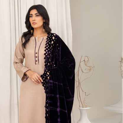 (Beige) 3 Pc Dhanak Dress with Laser Velvet Shawl | Winter Collection | Rangz | UMRGZ3501