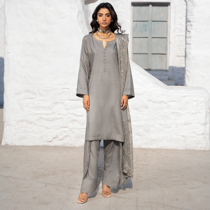 3 Pc Solid Slub Linen Dress with Embroidered Chiffon Dupatta| Winter Collection | Raniya.h | RA-13