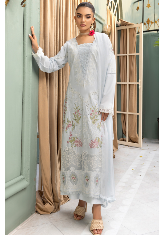 (Light Grey ) Embroidered Linen with Chiffon Duppatta - Simrans