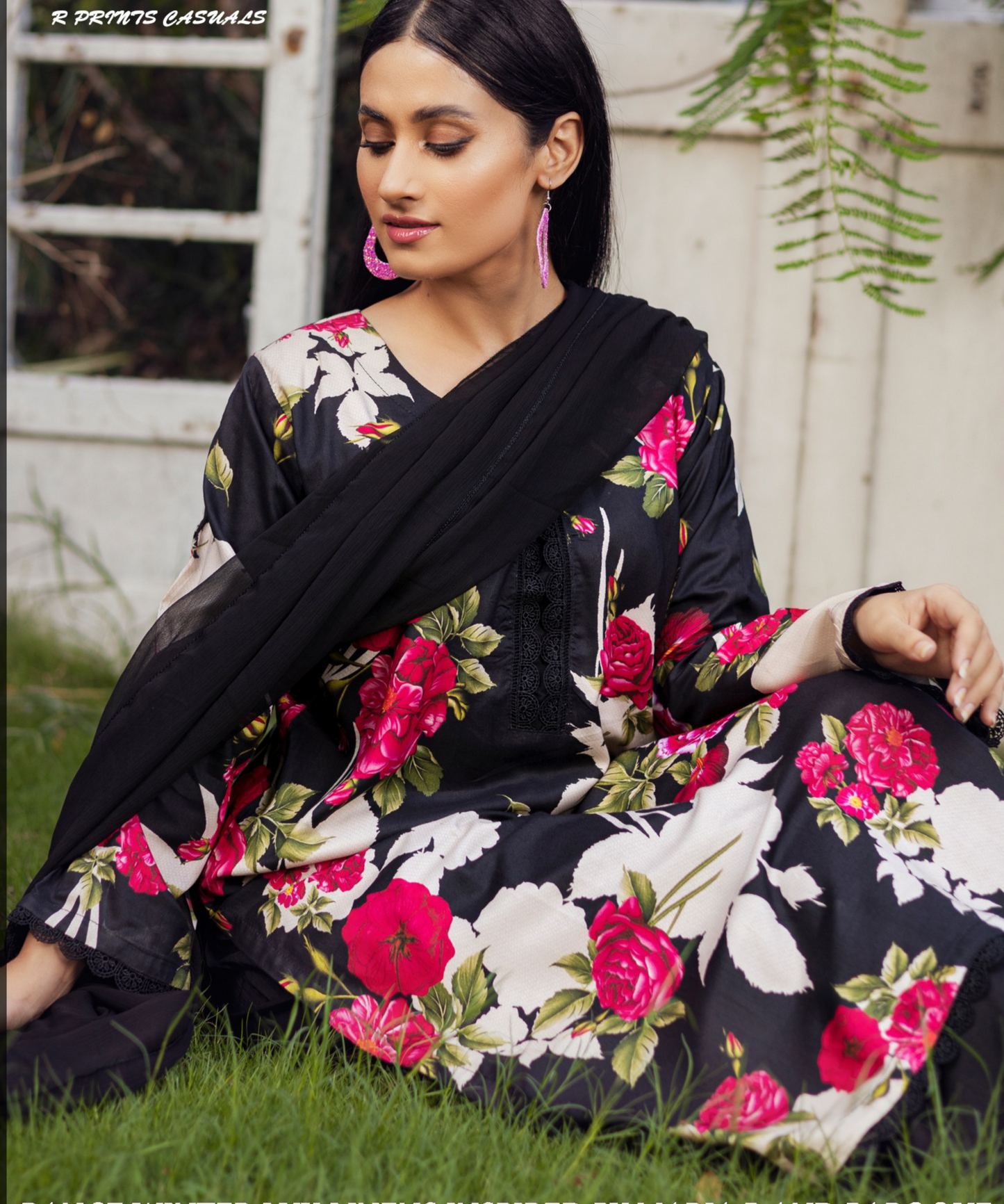 Black | Printed Linen Salwar Kameez With Chiffon Dupatta| Ready to Wear 3 Pc dress - Rangz