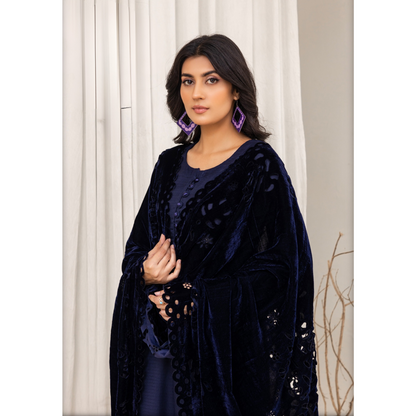 (Navy Blue) 3 Pc Dhanak Dress with Laser Velvet Shawl | Winter Collection | Rangz | UMRGZ3506