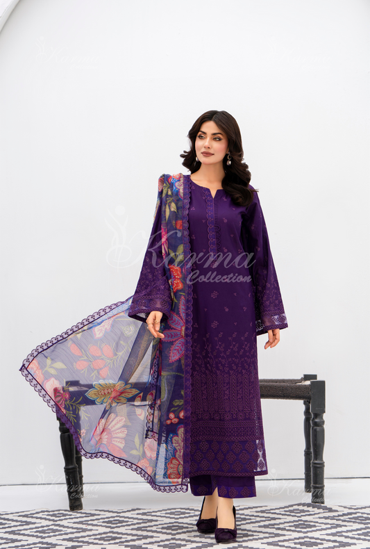 KC- 1391 | Plum | 3 Pc | Chikenkari Cotton Lawn | Karma Collection