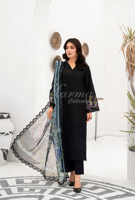 KC- 1389 | Black | 3 Pc | Chikenkari Cotton Lawn | Karma Collection l