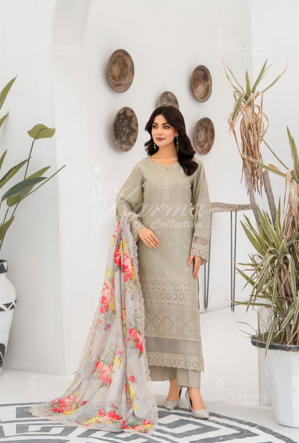 KC- 1387 | Beige | 3 Pc | Chikenkari Cotton Lawn | Karma Collection