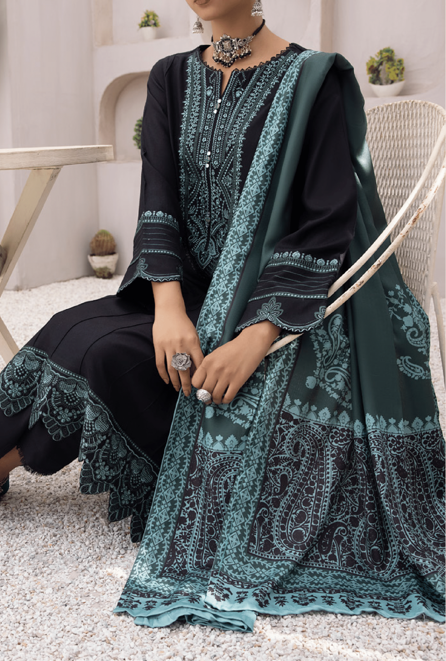 3-Piece Embroidered Dhanak Dress with Pashmina Silk Shawl