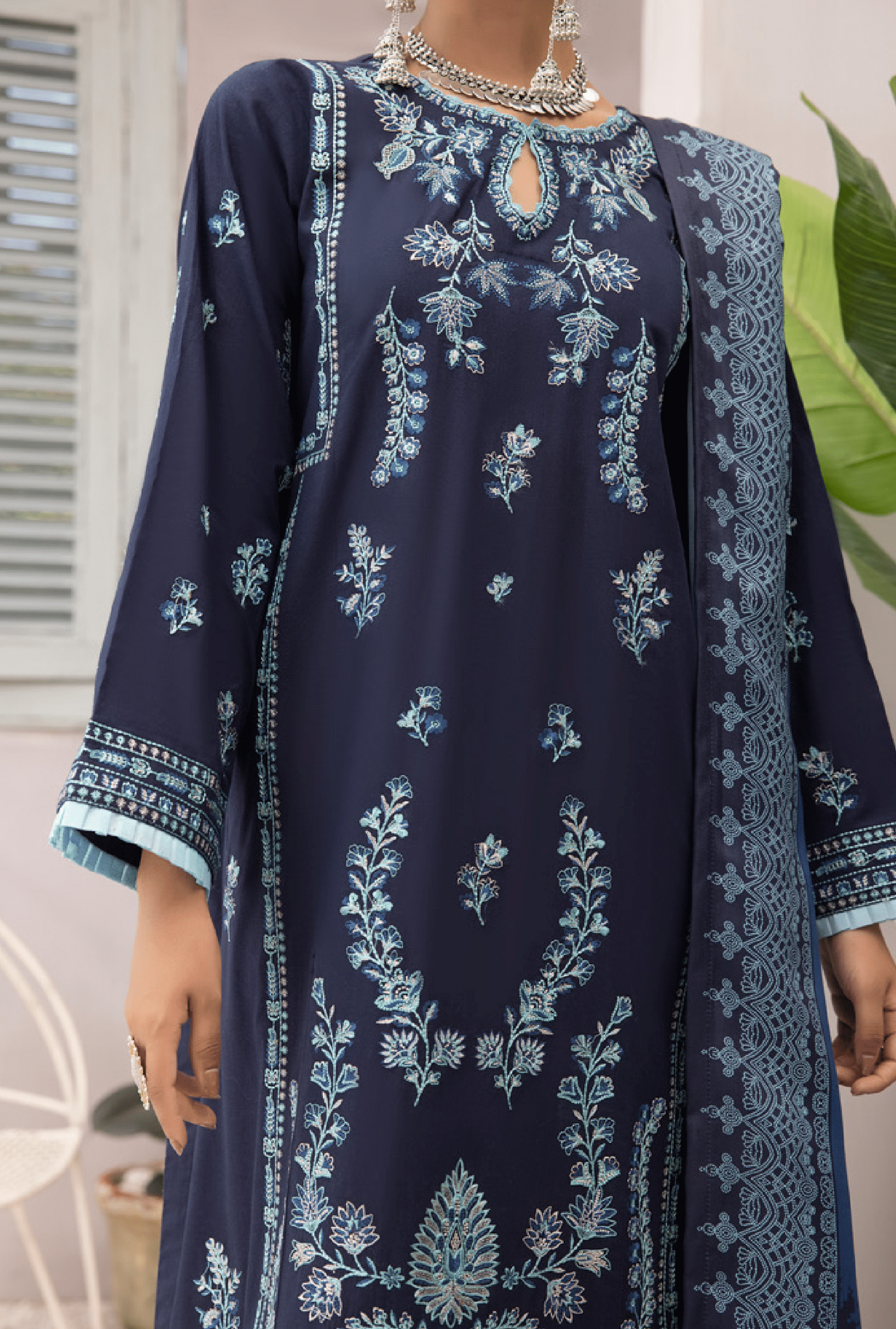 3-Piece Embroidered Dhanak Dress with Pashmina Silk Shawl