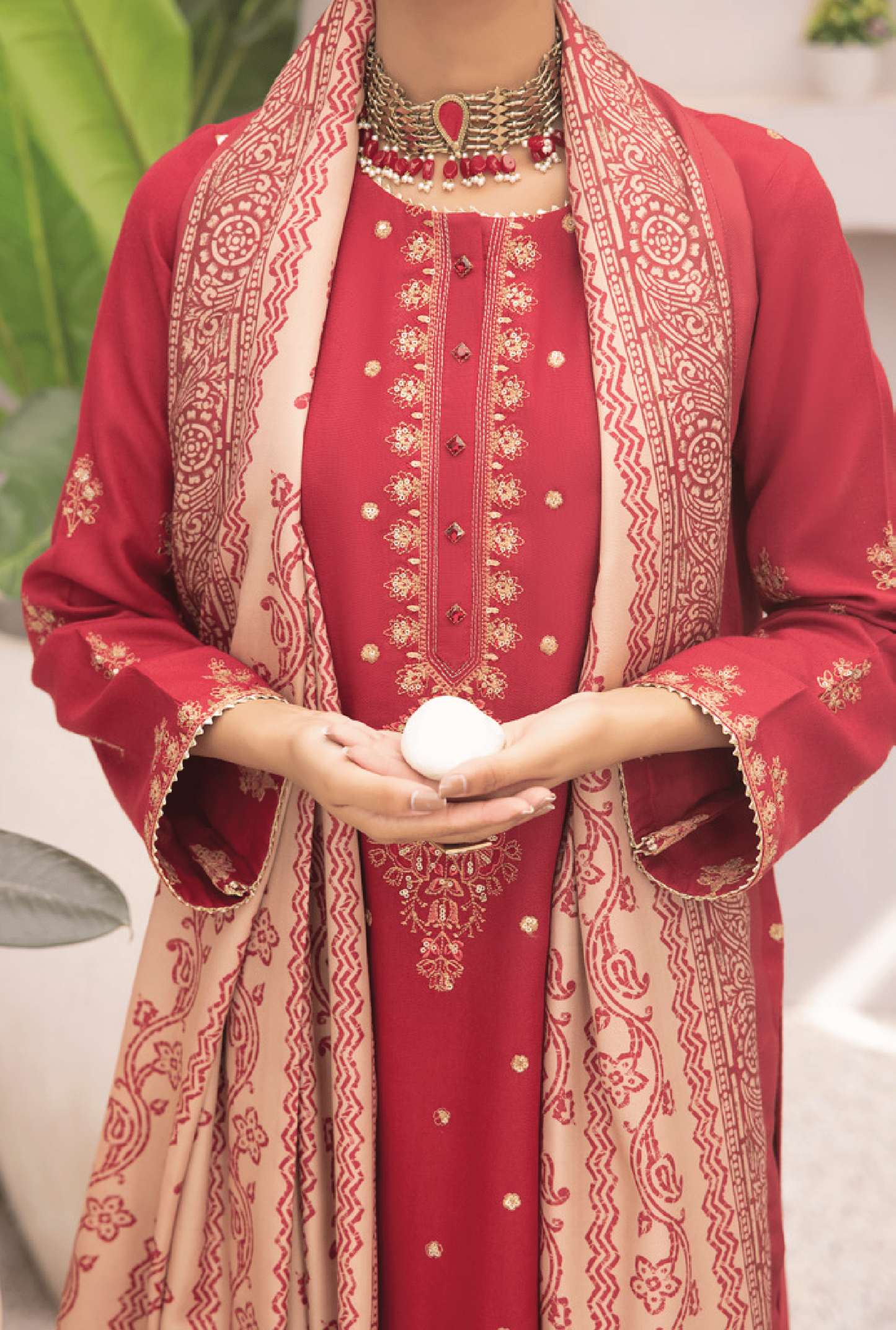 3-Piece Embroidered Dhanak Dress with Pashmina Silk Shawl