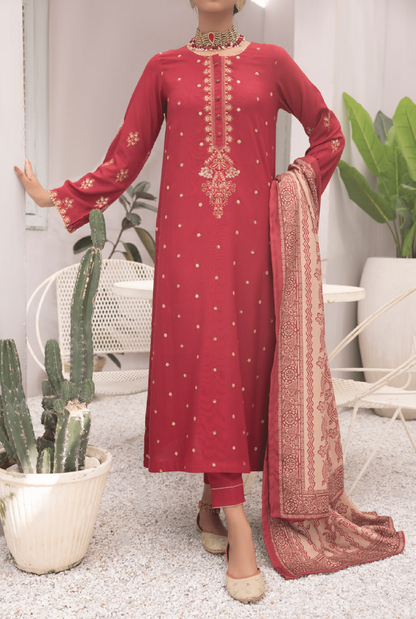 3-Piece Embroidered Dhanak Dress with Pashmina Silk Shawl