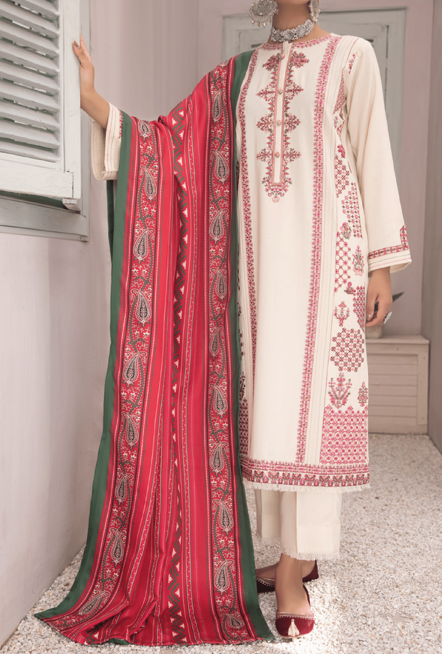 3-Piece Embroidered Dhanak Dress with Pashmina Silk Shawl