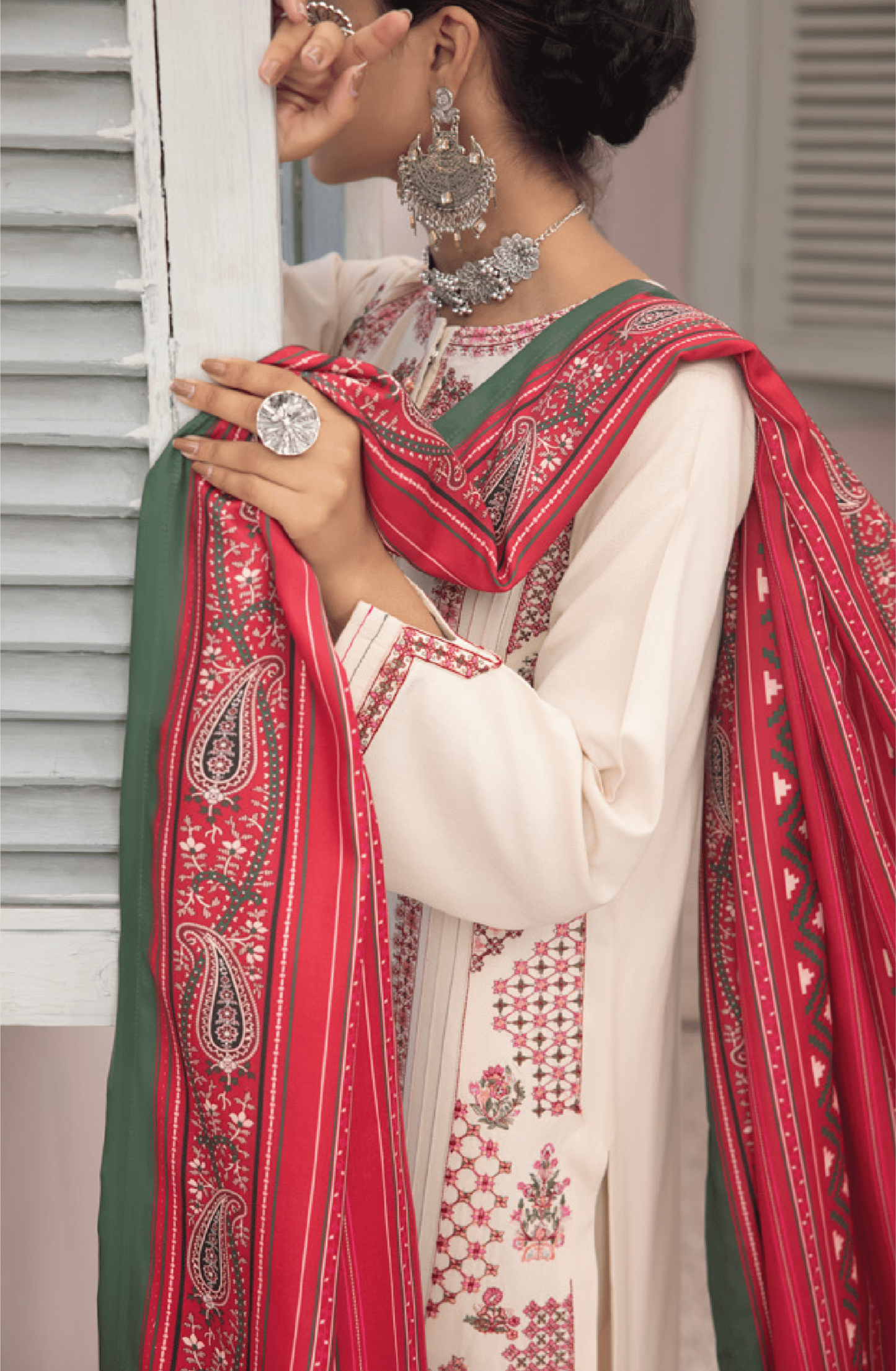 3-Piece Embroidered Dhanak Dress with Pashmina Silk Shawl