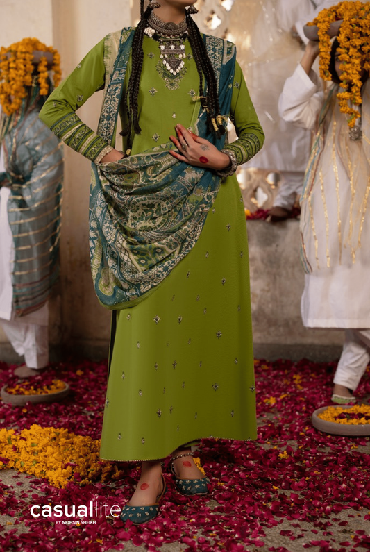 Green 3 Piece Embroidered Cotton dress - Casuallite