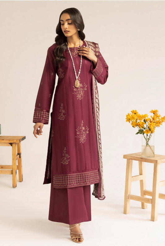 Maroon 3 Piece Embroidered Lawn Dress - Esra Fashion