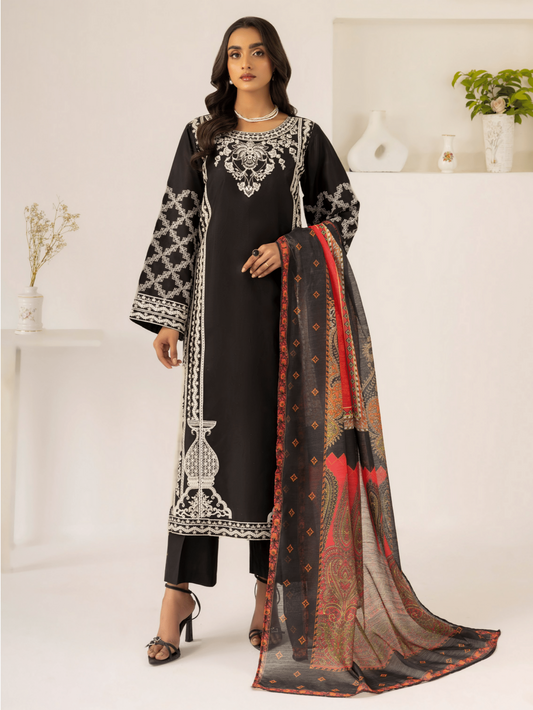 Black 3 Piece Embroidered Lawn Dress - Esra Fashion