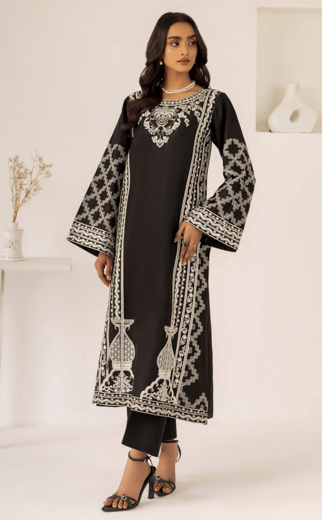 Black 3 Piece Embroidered Lawn Dress - Esra Fashion