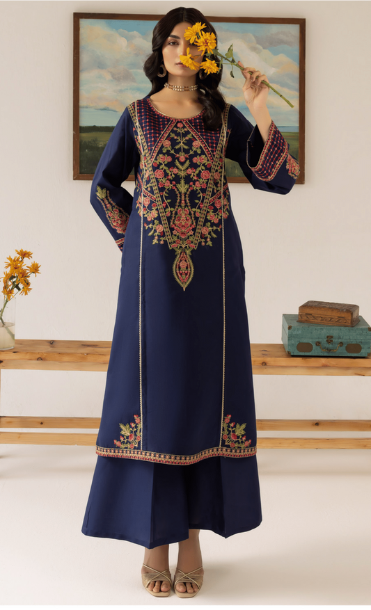 Blue 3 Piece Embroidered Lawn Dress - Esra Fashion