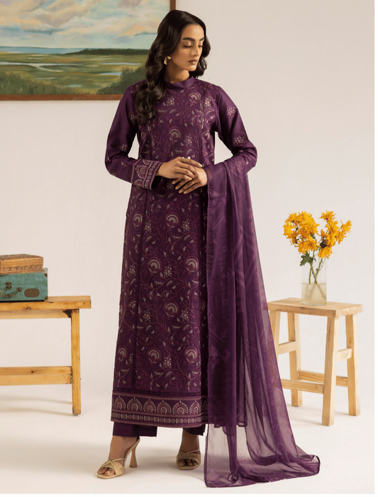 Plum 3 Piece Embroidered Lawn Dress - Esra Fashion